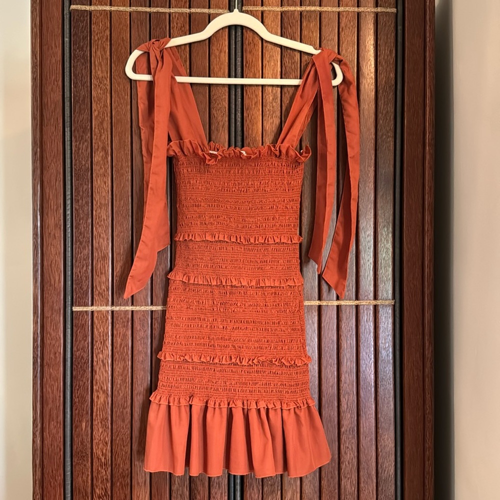 Altar'd State Rust Orange Smocked Mini Dress with Tie Straps